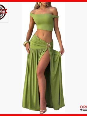 Polyester Maxi Skirt Set with Crop Top and Split Flowy Skirt for Vacation
